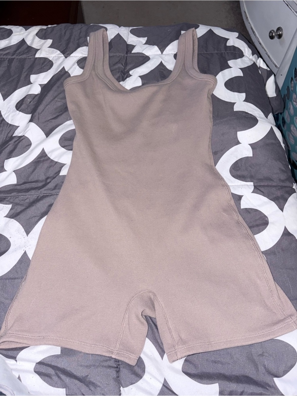 No Boundaries Taupe Ribbed Scoop Neck Romper